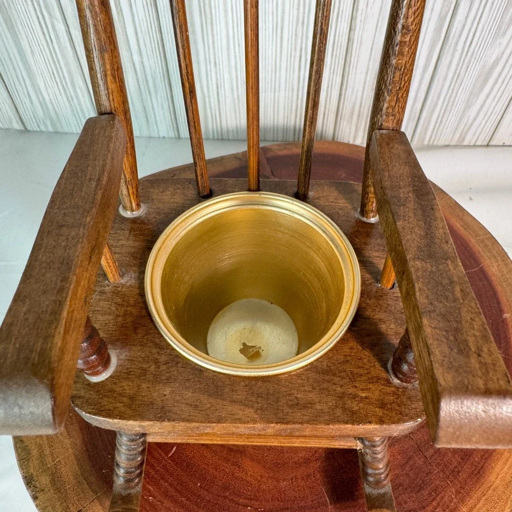 Vintage Miniature Wooden Rocking Potty Chair with Brass Insert Decor Planter